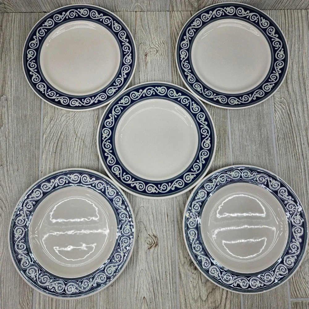 Pier 1 Vitra Scroll Salad Plates Set of 5 Navy Blue White Ironstone Brazil 8